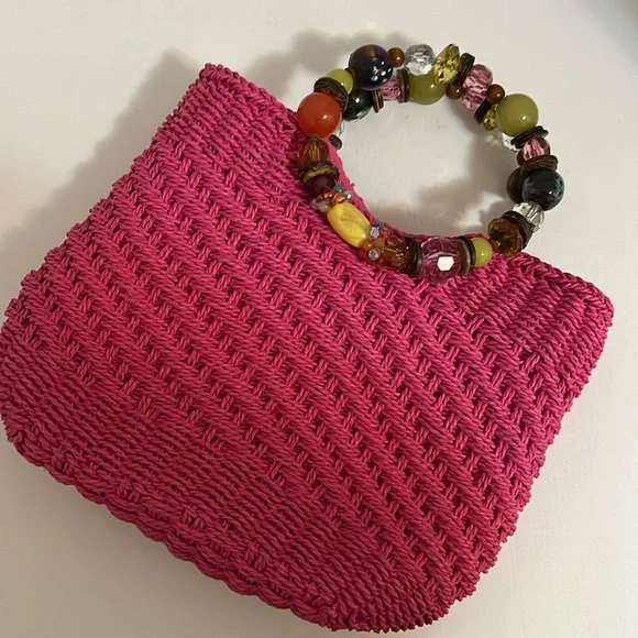 Cappelli Mini Handbag Purse Hot Pink Beaded Handle Woven Straw Summer Fun Small - Picture 5 of 16